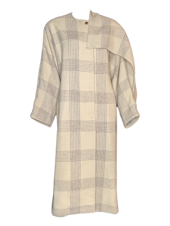 Perry Ellis Ivory Plaid Wool Cape Coat