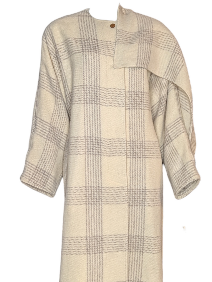 Perry Ellis Ivory Plaid Wool Cape Coat