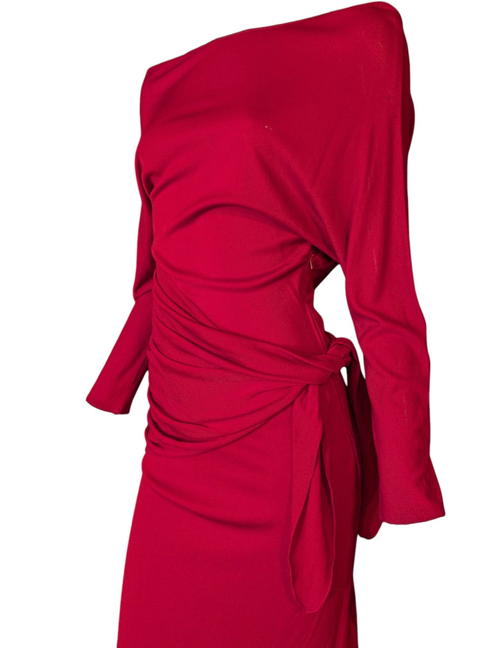 Frank Usher Red Slinky Draped Evening Dress with Side Tie