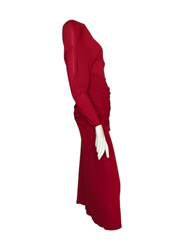 Frank Usher Red Slinky Draped Evening Dress with Side Tie