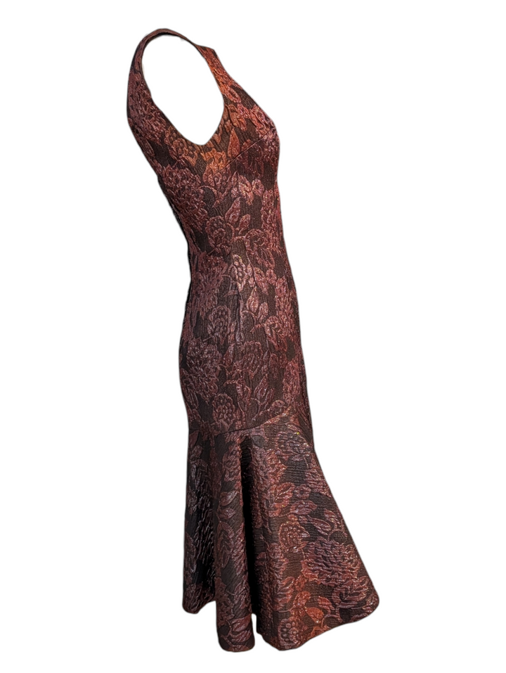 1940s Burgundy Godet Jacquard Cocktail Dress