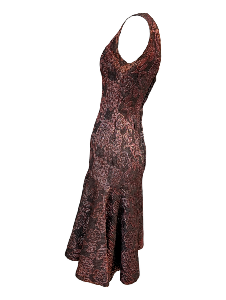 1940s Burgundy Godet Jacquard Cocktail Dress