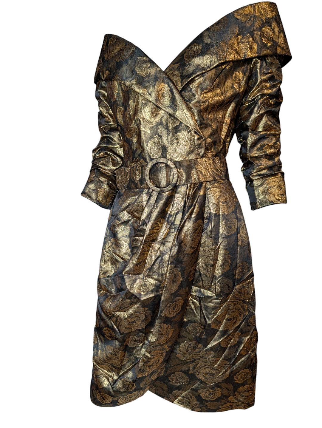 1990s Scaasi Gold Lamé Rose Print Cocktail Dress with Matching Belt