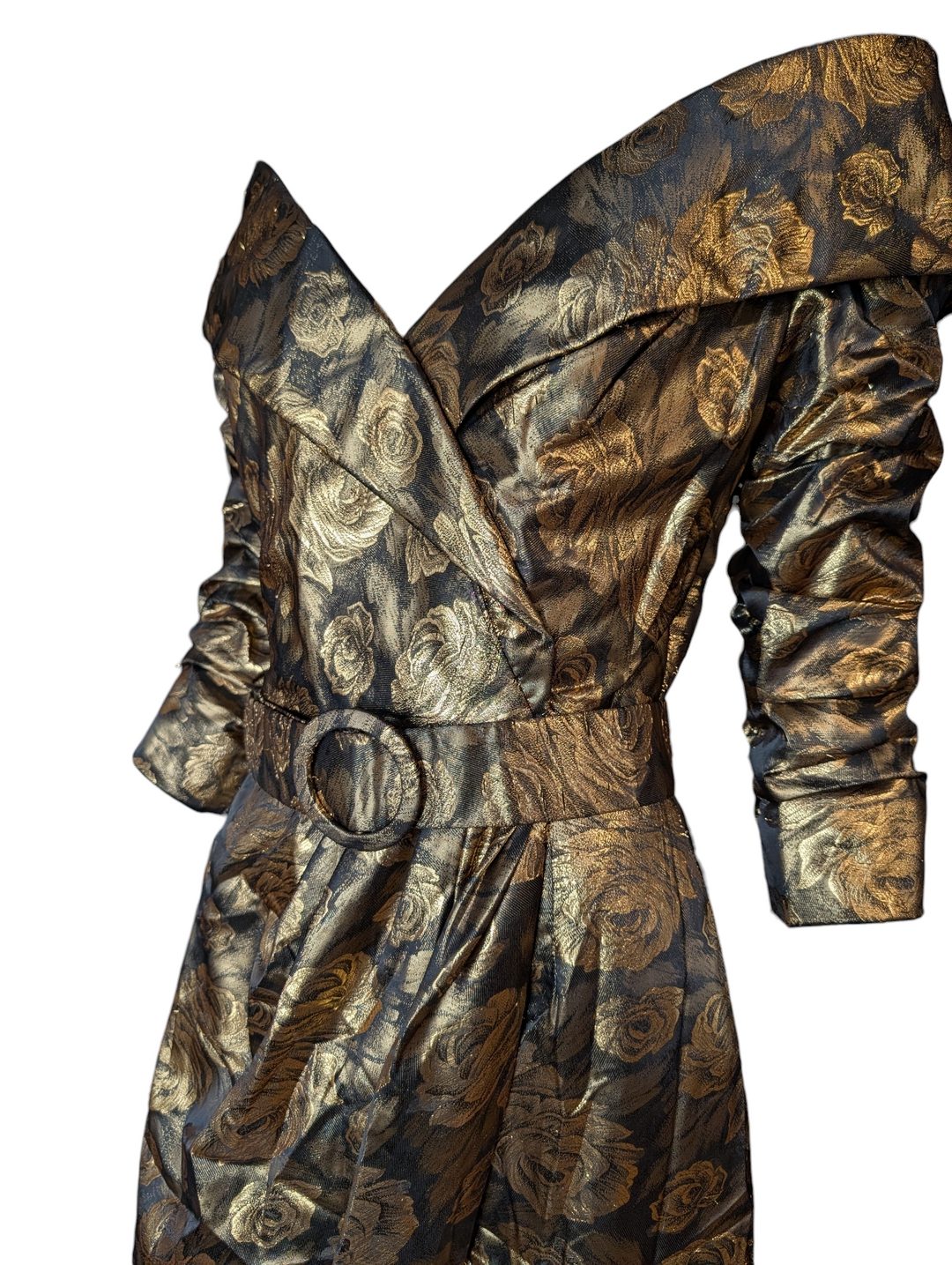 1990s Scaasi Gold Lamé Rose Print Cocktail Dress with Matching Belt