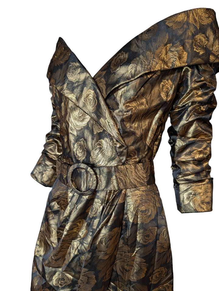 1990s Scaasi Gold Lamé Rose Print Cocktail Dress with Matching Belt
