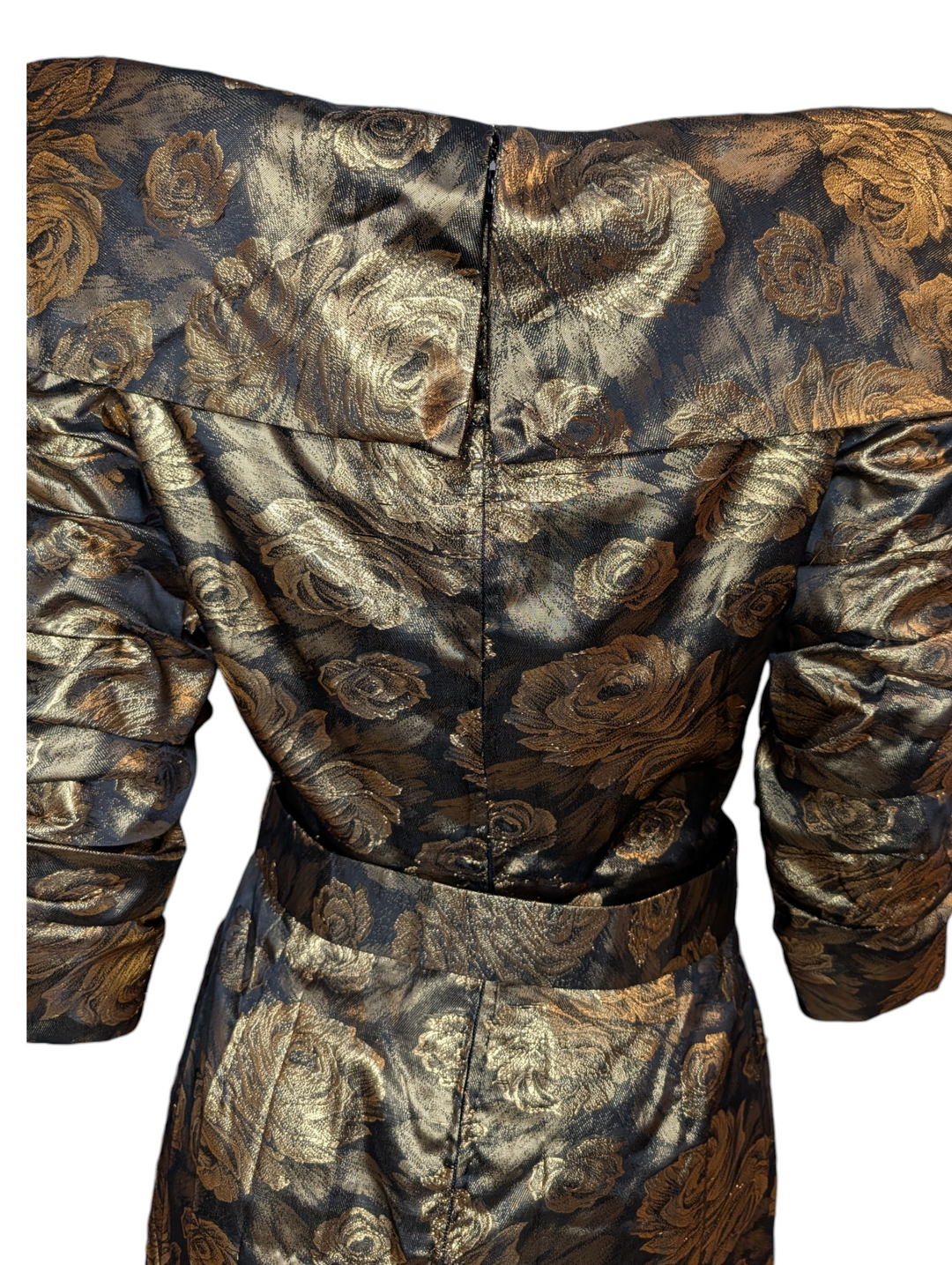 1990s Scaasi Gold Lamé Rose Print Cocktail Dress with Matching Belt