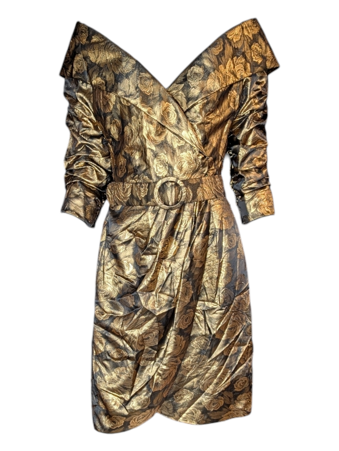 1990s Scaasi Gold Lamé Rose Print Cocktail Dress with Matching Belt