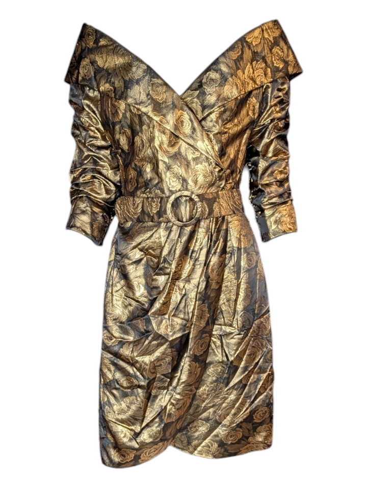 1990s Scaasi Gold Lamé Rose Print Cocktail Dress with Matching Belt