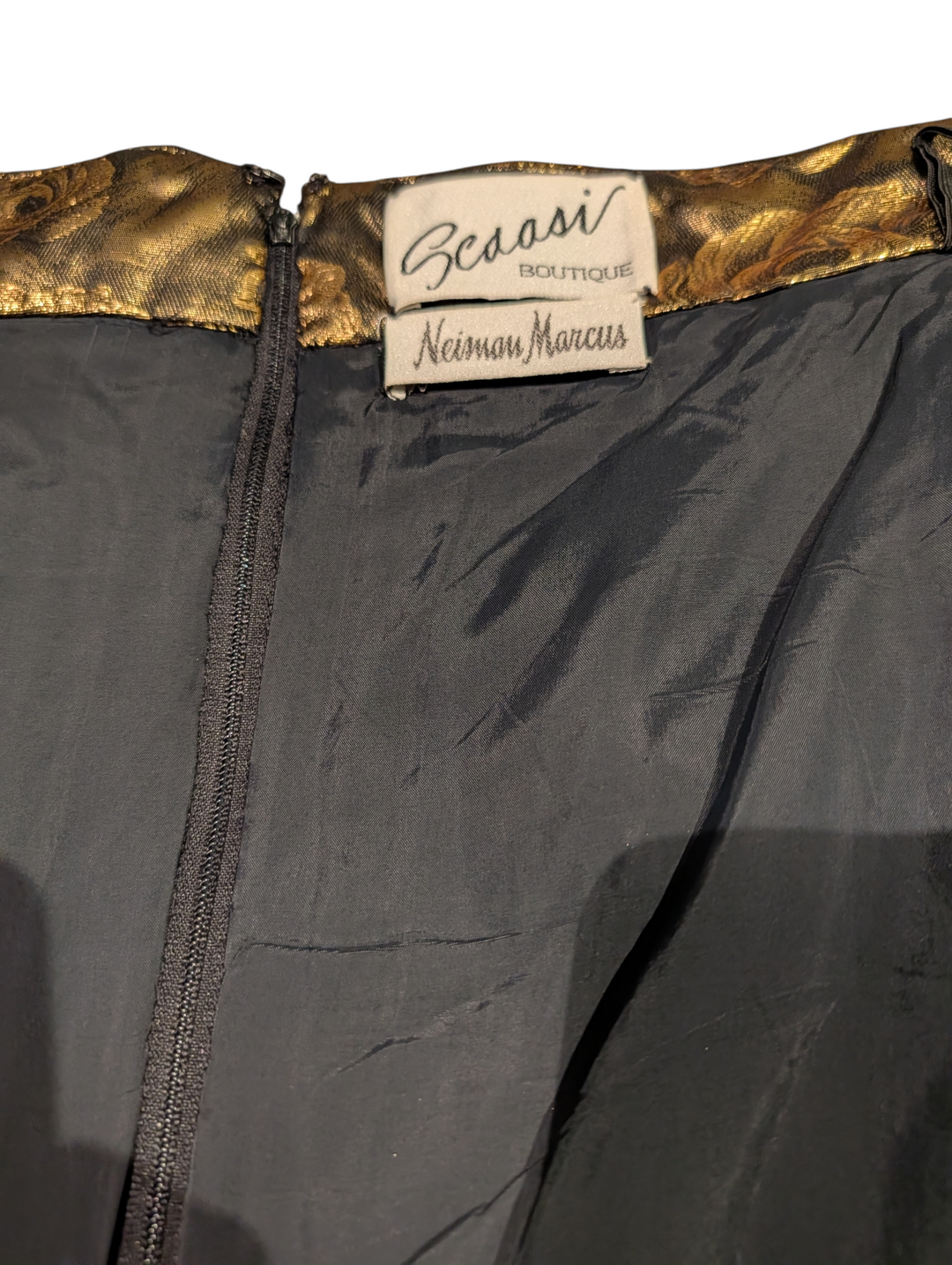 1990s Scaasi Gold Lamé Rose Print Cocktail Dress with Matching Belt