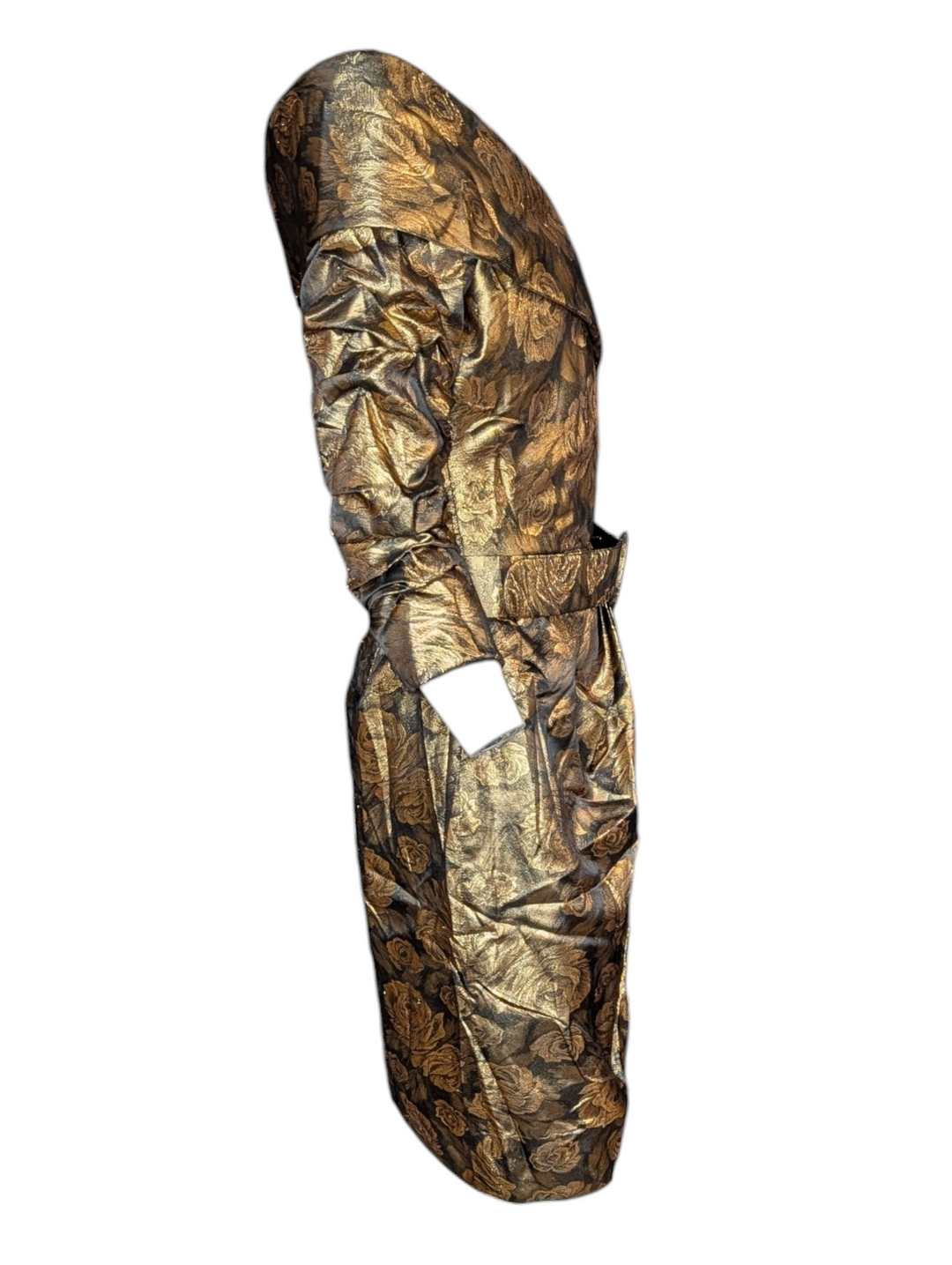 1990s Scaasi Gold Lamé Rose Print Cocktail Dress with Matching Belt