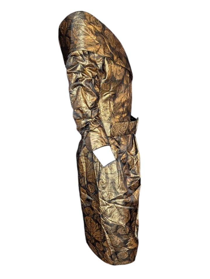 1990s Scaasi Gold Lamé Rose Print Cocktail Dress with Matching Belt