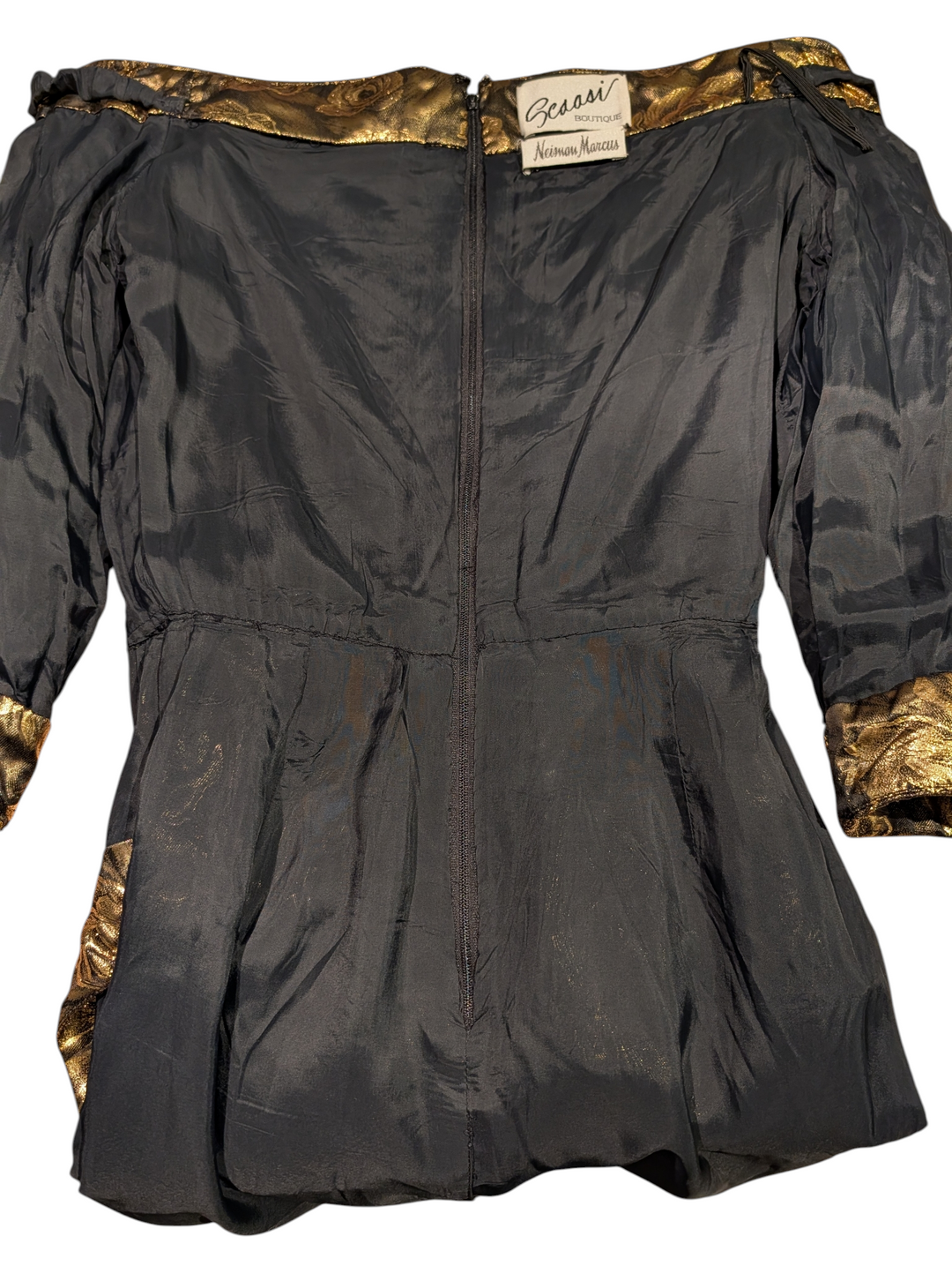 1990s Scaasi Gold Lamé Rose Print Cocktail Dress with Matching Belt