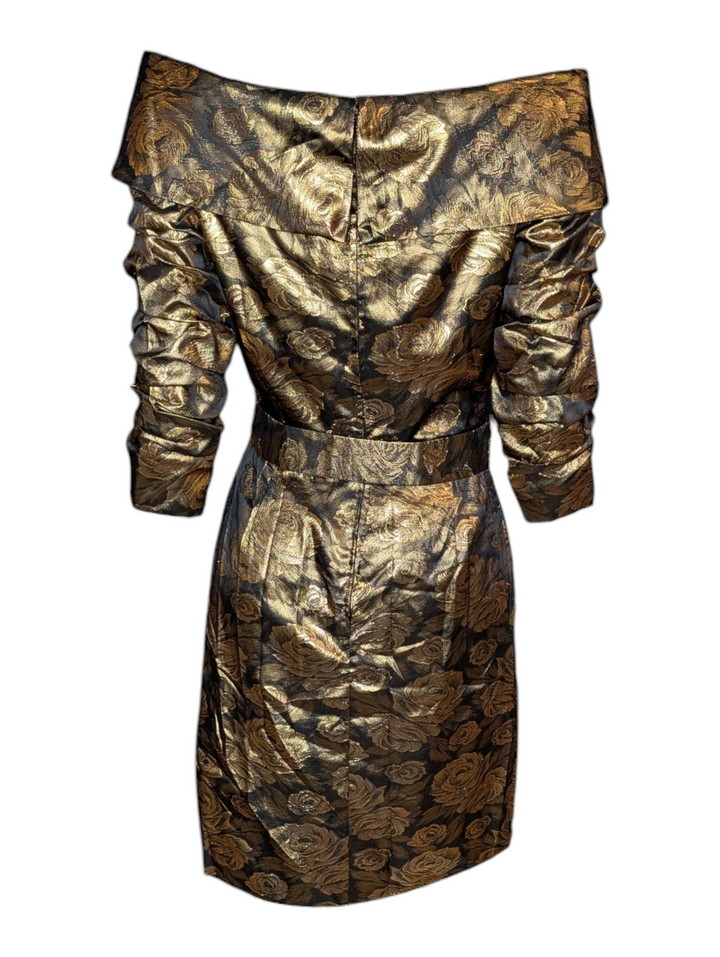 1990s Scaasi Gold Lamé Rose Print Cocktail Dress with Matching Belt