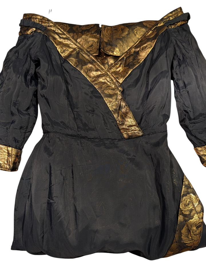 1990s Scaasi Gold Lamé Rose Print Cocktail Dress with Matching Belt