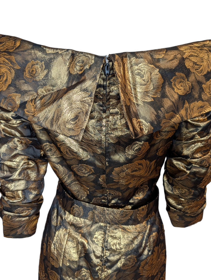 1990s Scaasi Gold Lamé Rose Print Cocktail Dress with Matching Belt