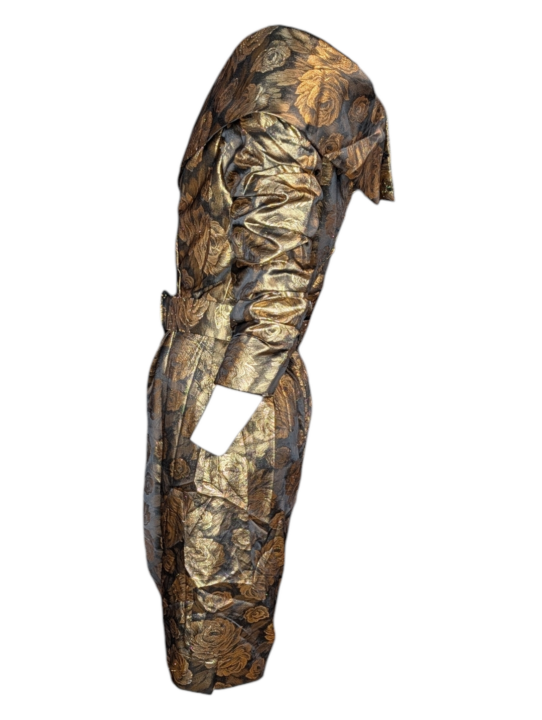 1990s Scaasi Gold Lamé Rose Print Cocktail Dress with Matching Belt