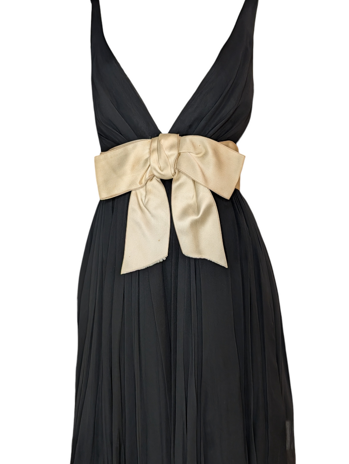 1960s Sarmi Black Chiffon Babydoll Dress with Ivory Satin Bow