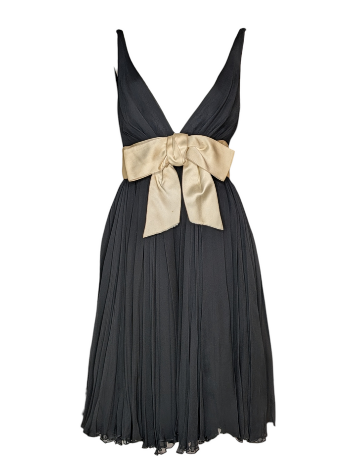 1960s Sarmi Black Chiffon Babydoll Dress with Ivory Satin Bow