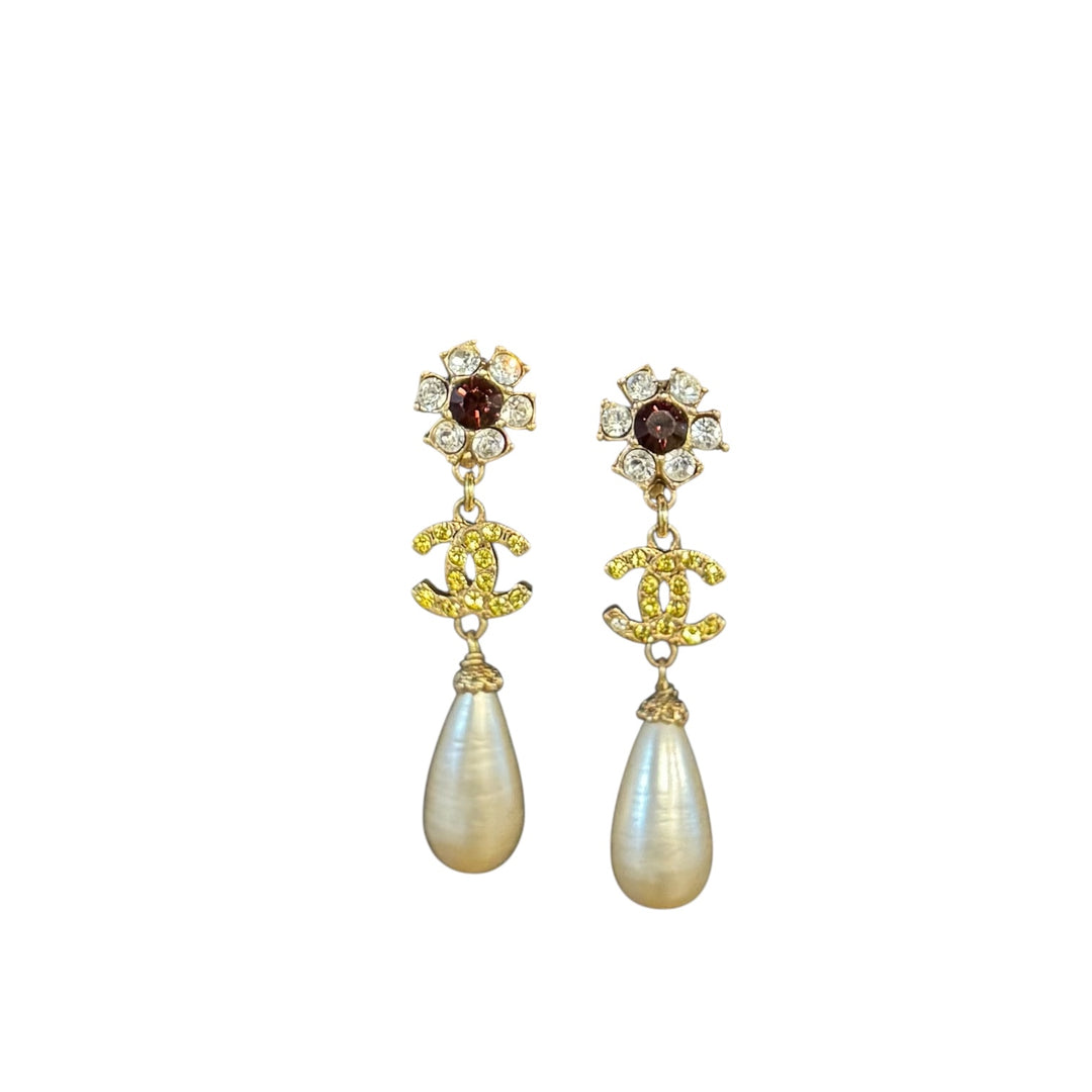 Chanel 1995 Gold Crystal CC Logo & Pearl Drop Clip-On Earrings, Accessories, Chanel, RERACKED