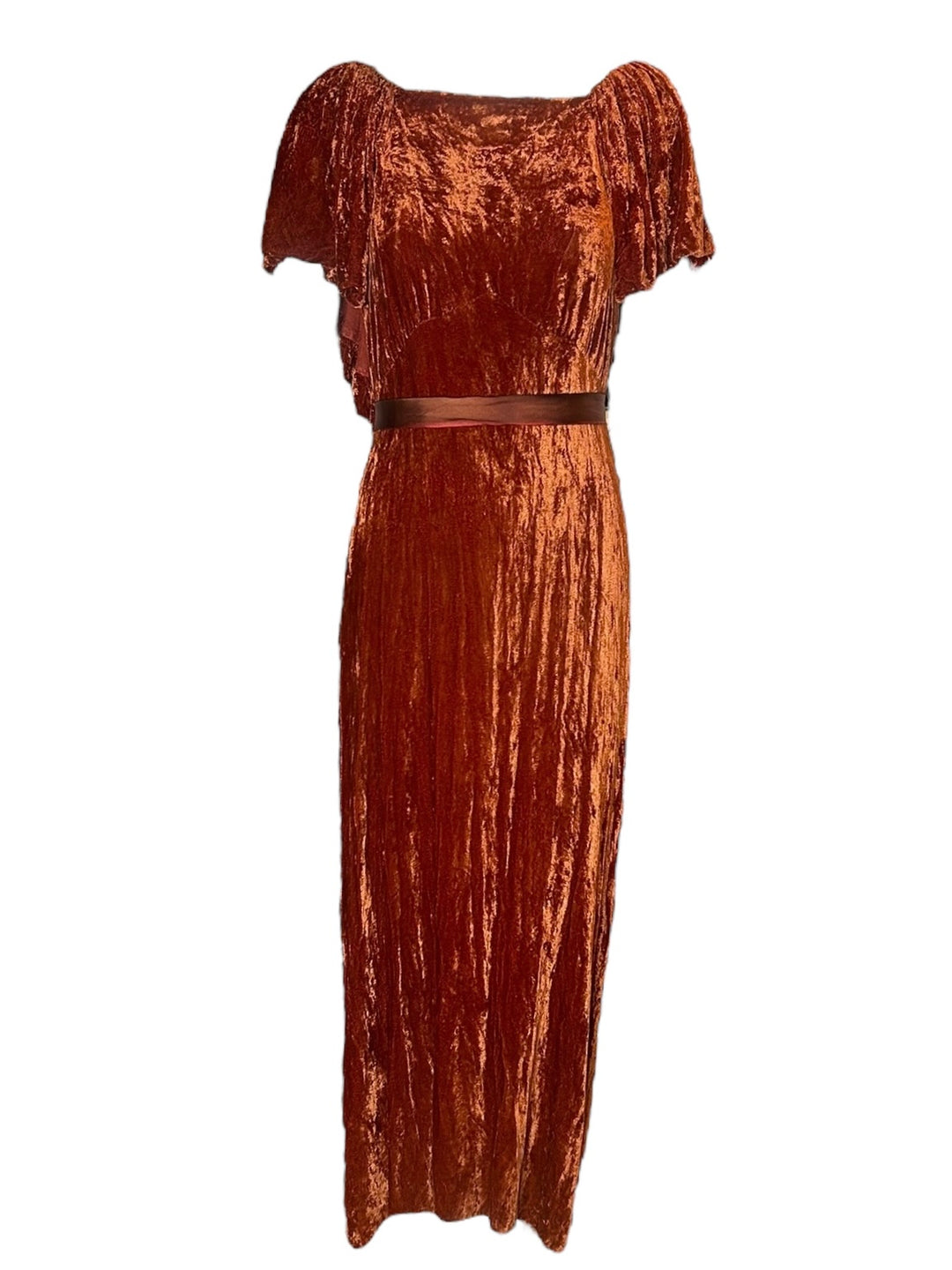 Vintage 1930s Grecian Inspired Crushed Velvet Evening Gown in Burnt Orange Vintage 1930s Grecian Inspired Crushed Velvet Evening Gown in Burnt Orange