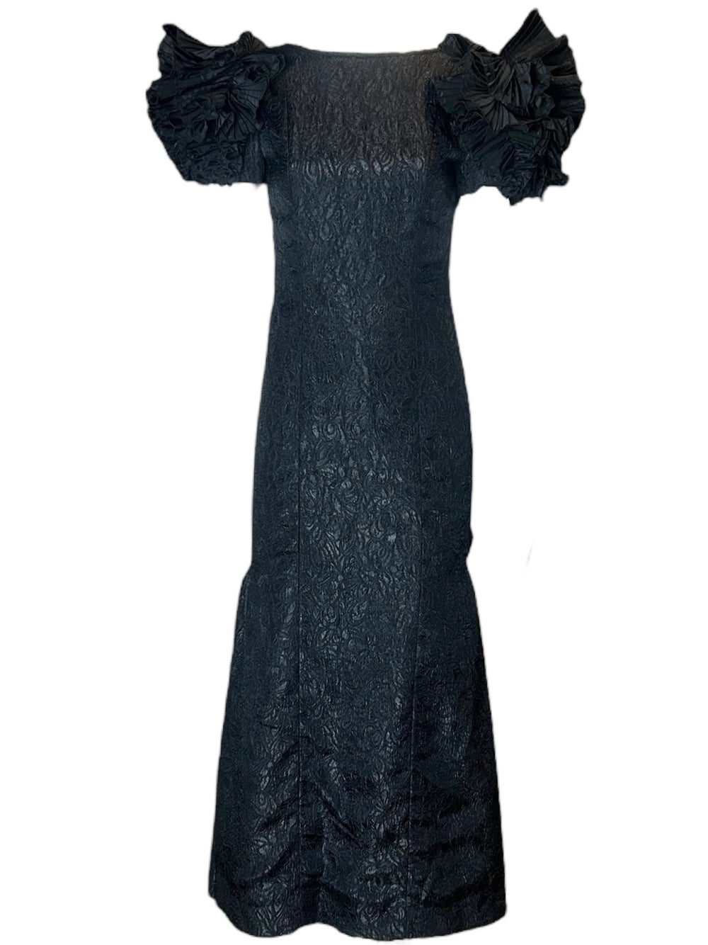 Victor Costa Structural Black Brocade Gown with Origami Pleating