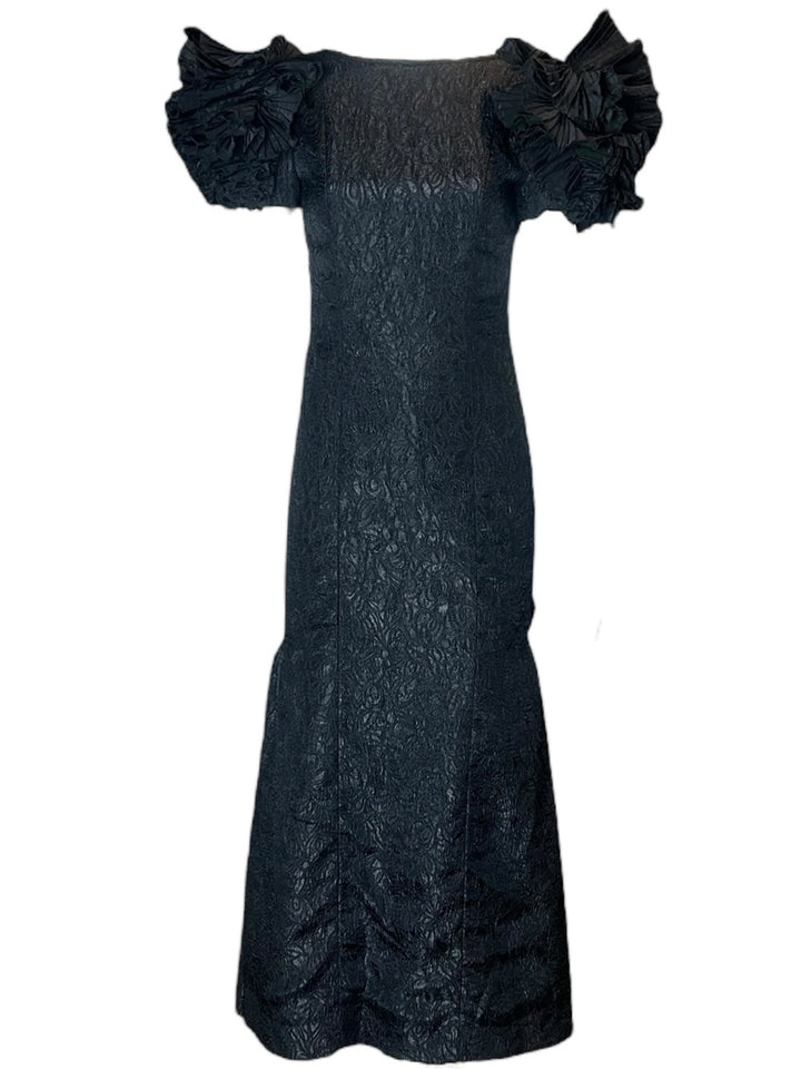 Victor Costa Structural Black Brocade Gown with Origami Pleating
