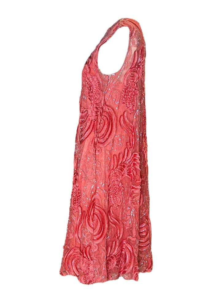 1960s Coral Pink Embroidered Shift Dress