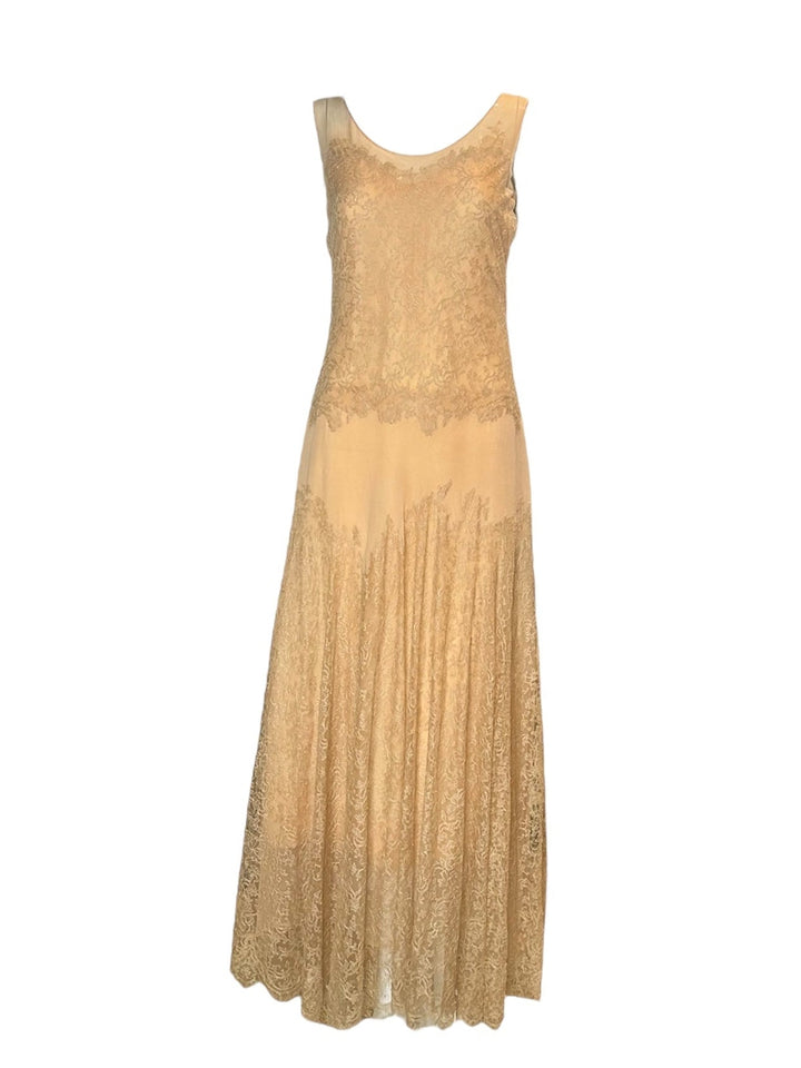 Vintage 1930s Peach Lace Silk Chiffon Drop Waist Gown