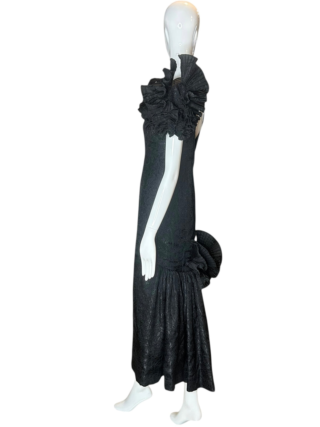 Victor Costa Structural Black Brocade Gown with Origami Pleating