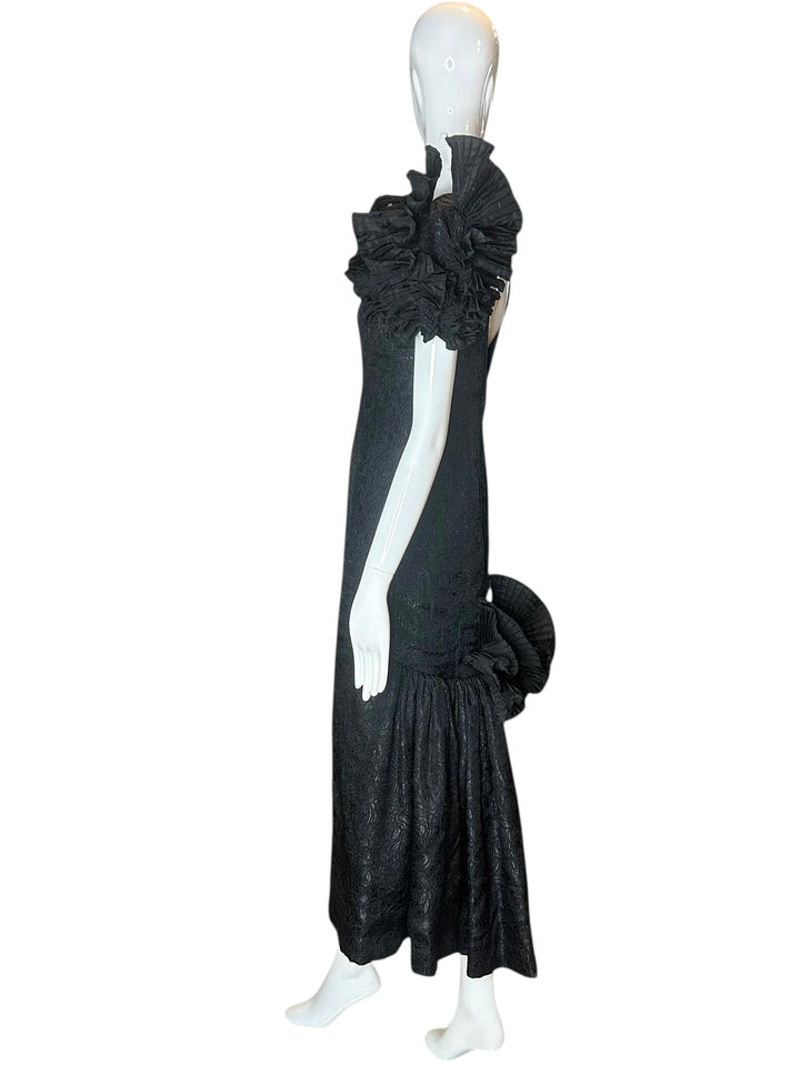 Victor Costa Structural Black Brocade Gown with Origami Pleating