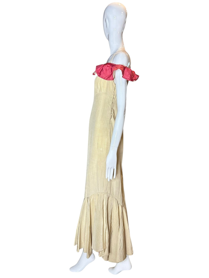 1930s Cream Woodgrain Rayon Gown with Red Pleated Neckline