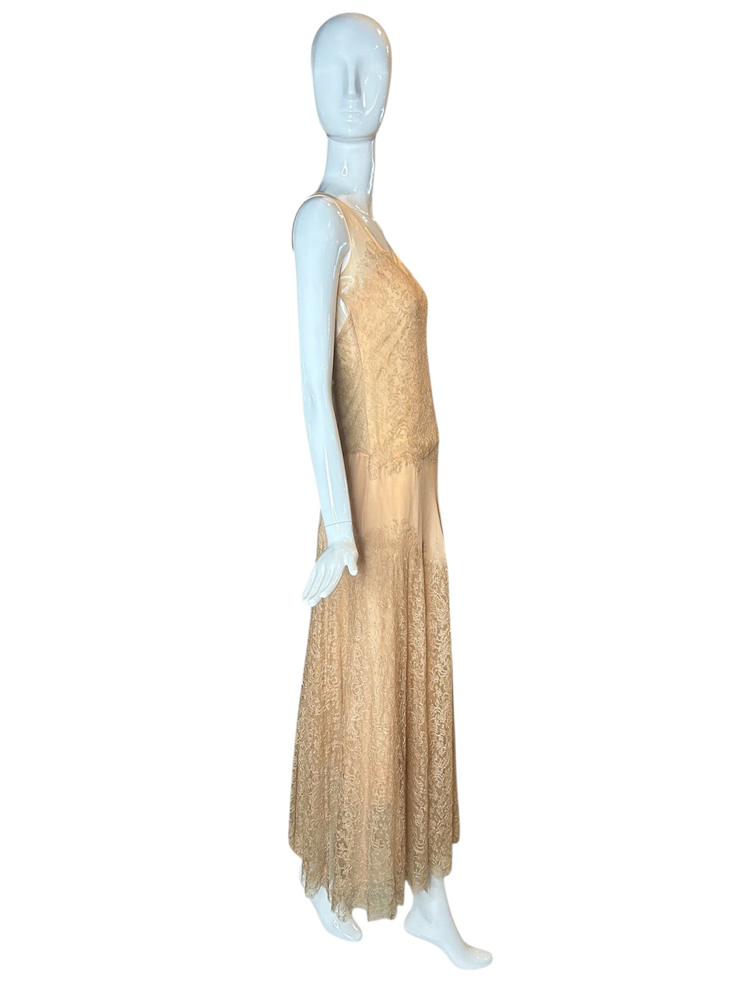 Vintage 1930s Peach Lace Silk Chiffon Drop Waist Gown