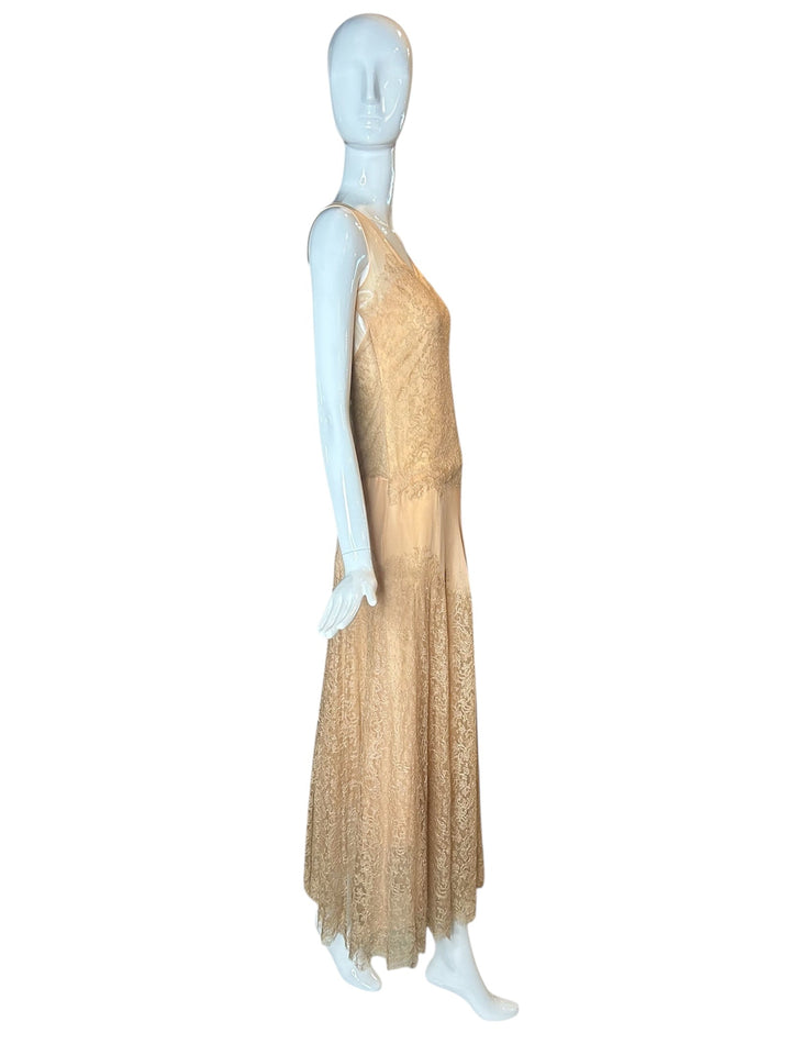 Vintage 1930s Peach Lace Silk Chiffon Drop Waist Gown