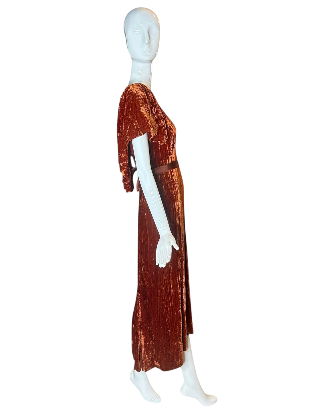 Vintage 1930s Grecian Inspired Crushed Velvet Evening Gown in Burnt Orange, Dresses, 1930s, RERACKED