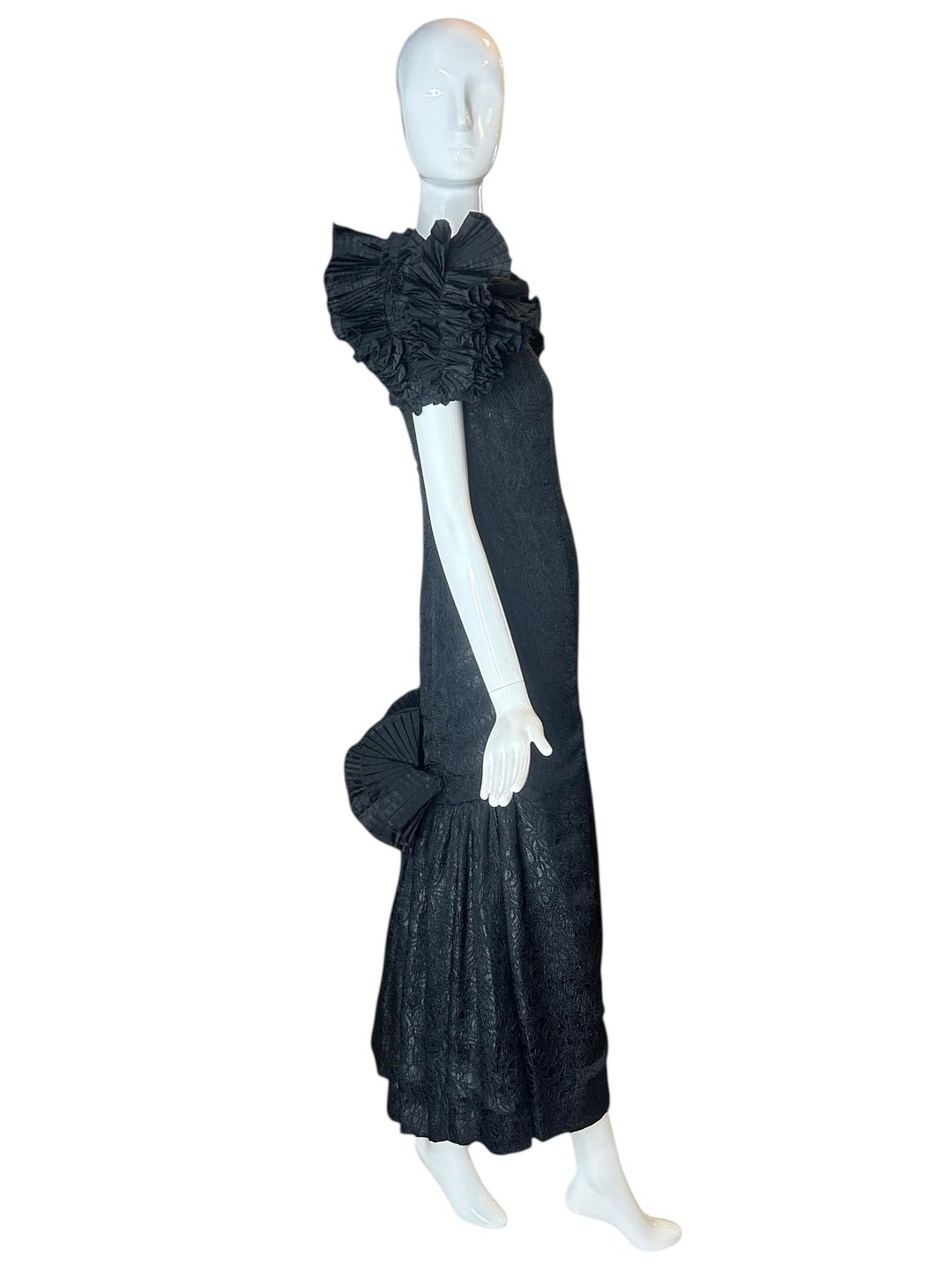 Victor Costa Structural Black Brocade Gown with Origami Pleating