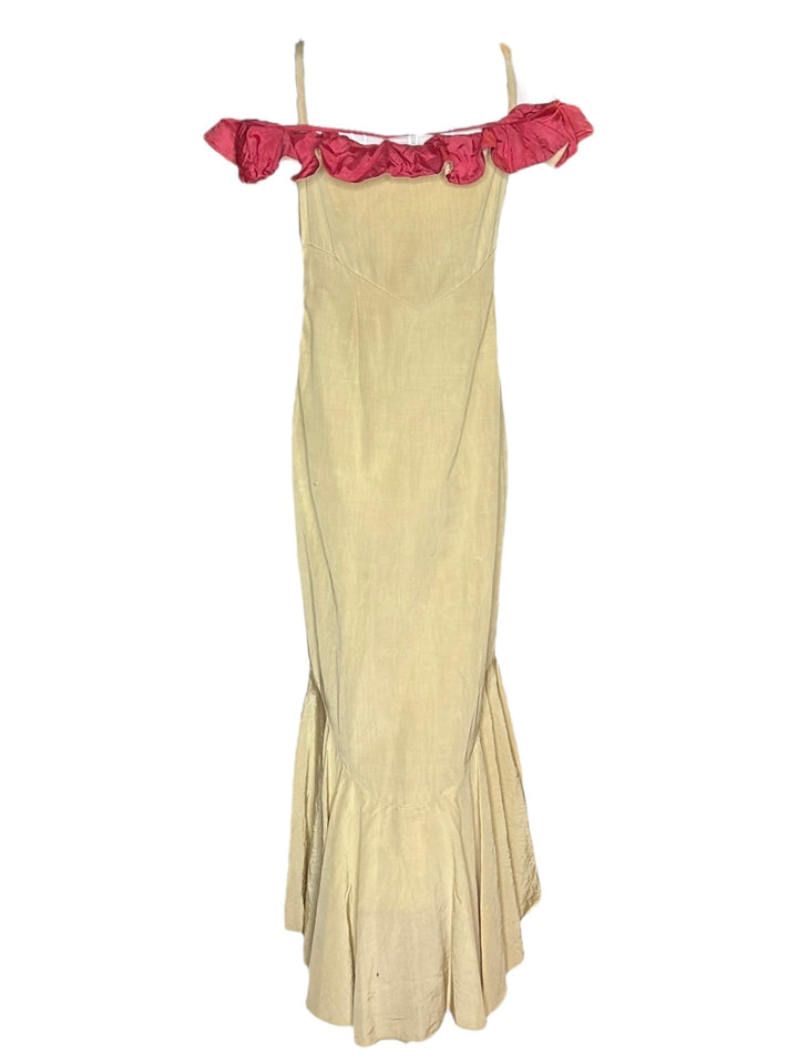1930s Cream Woodgrain Rayon Gown with Red Pleated Neckline
