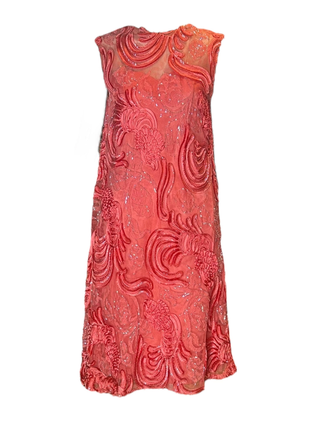 1960s Coral Pink Embroidered Shift Dress