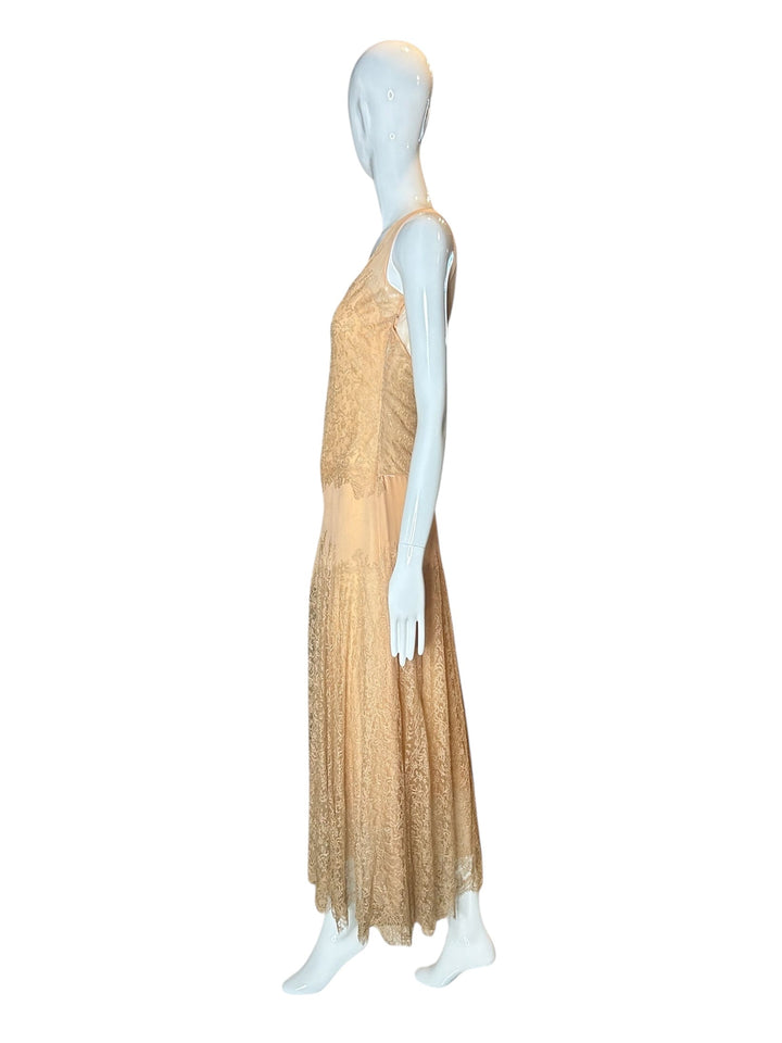 Vintage 1930s Peach Lace Silk Chiffon Drop Waist Gown