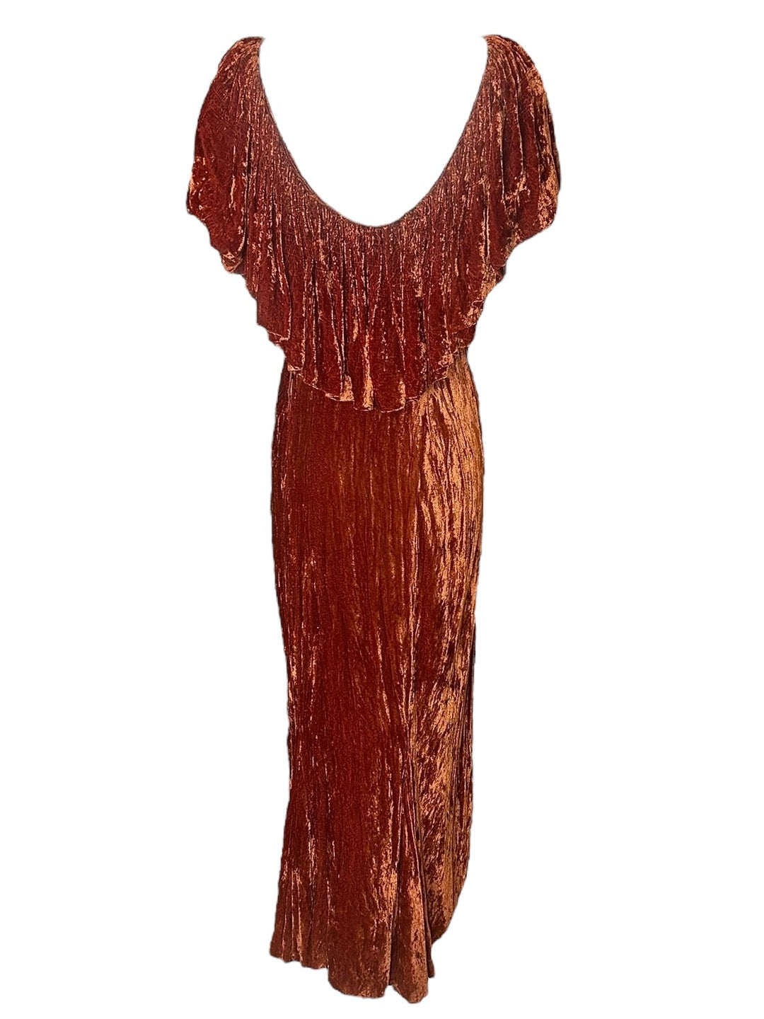 Vintage 1930s Grecian Inspired Crushed Velvet Evening Gown in Burnt Orange, Dresses, 1930s, RERACKED