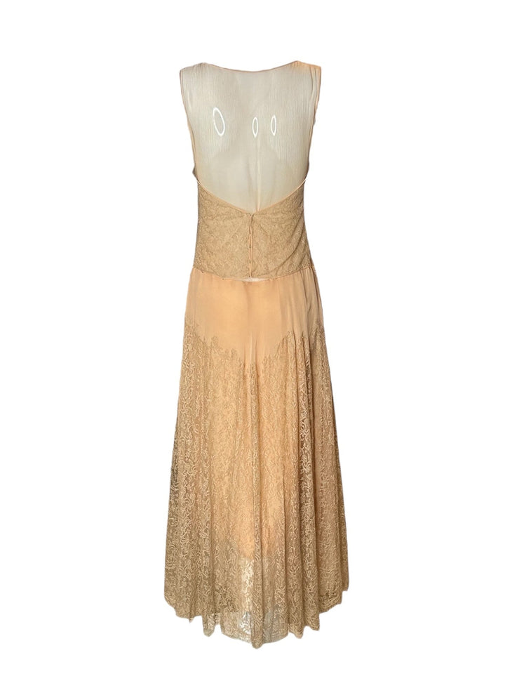 Vintage 1930s Peach Lace Silk Chiffon Drop Waist Gown