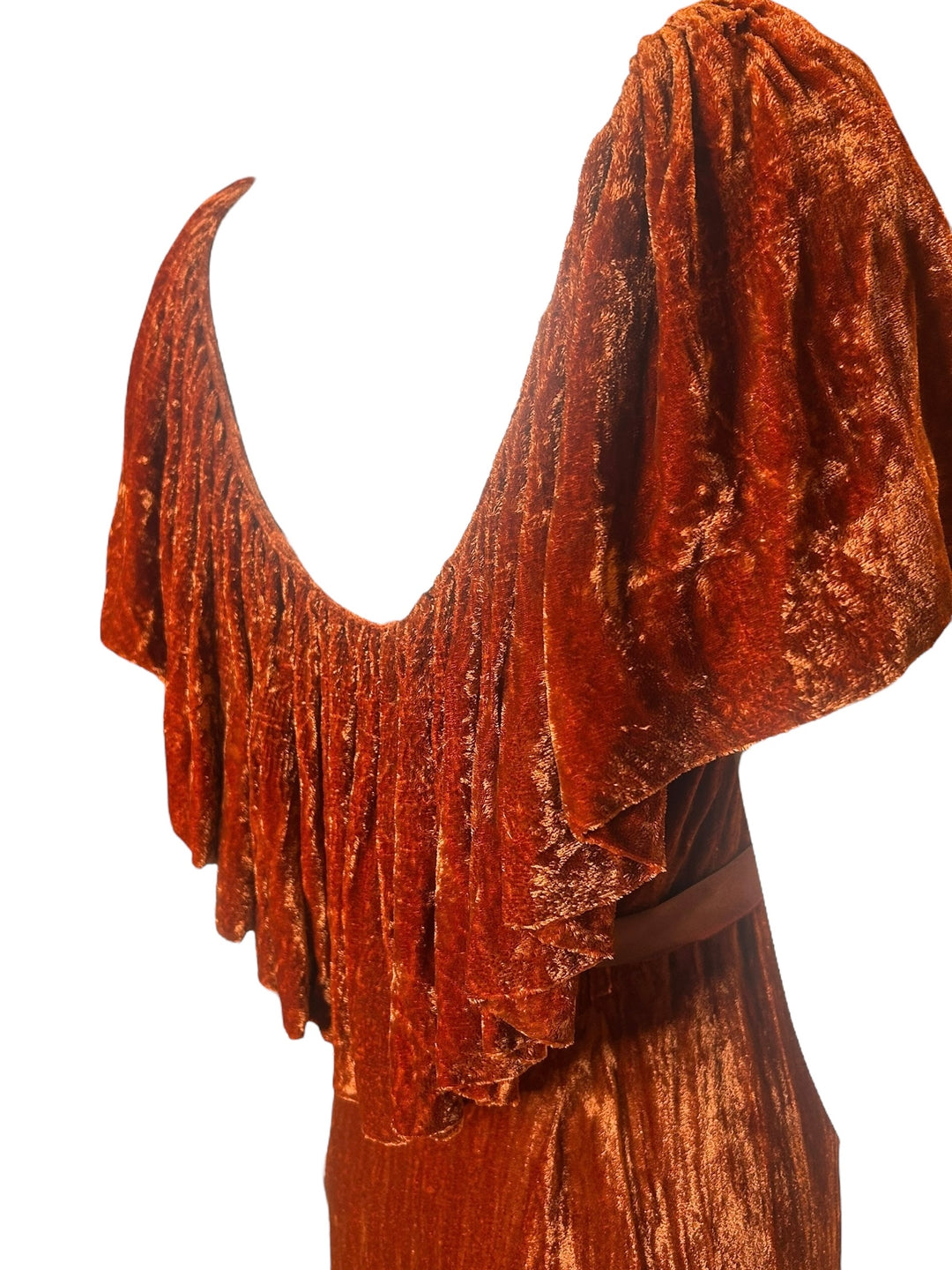 Vintage 1930s Grecian Inspired Crushed Velvet Evening Gown in Burnt Orange, Dresses, 1930s, RERACKED