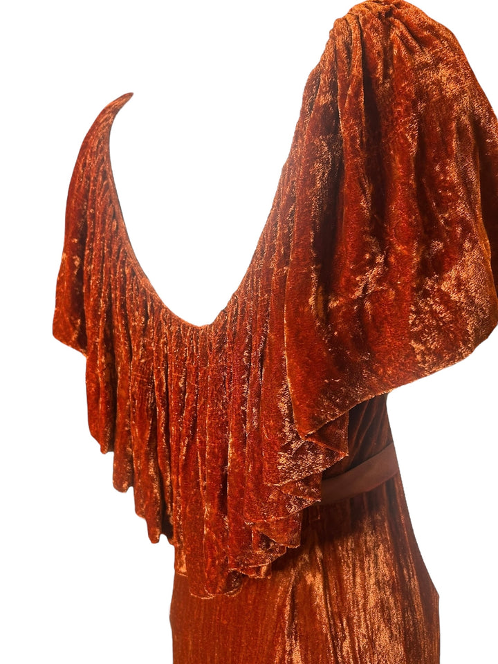 Vintage 1930s Grecian Inspired Crushed Velvet Evening Gown in Burnt Orange, Dresses, 1930s, RERACKED