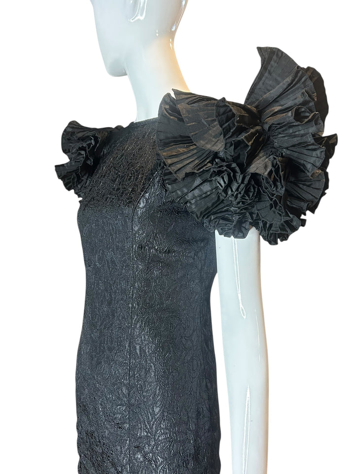 Victor Costa Structural Black Brocade Gown with Origami Pleating