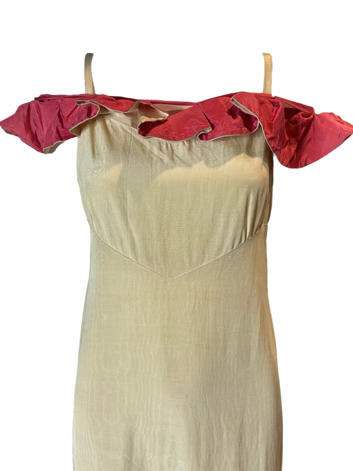 1930s Cream Woodgrain Rayon Gown with Red Pleated Neckline