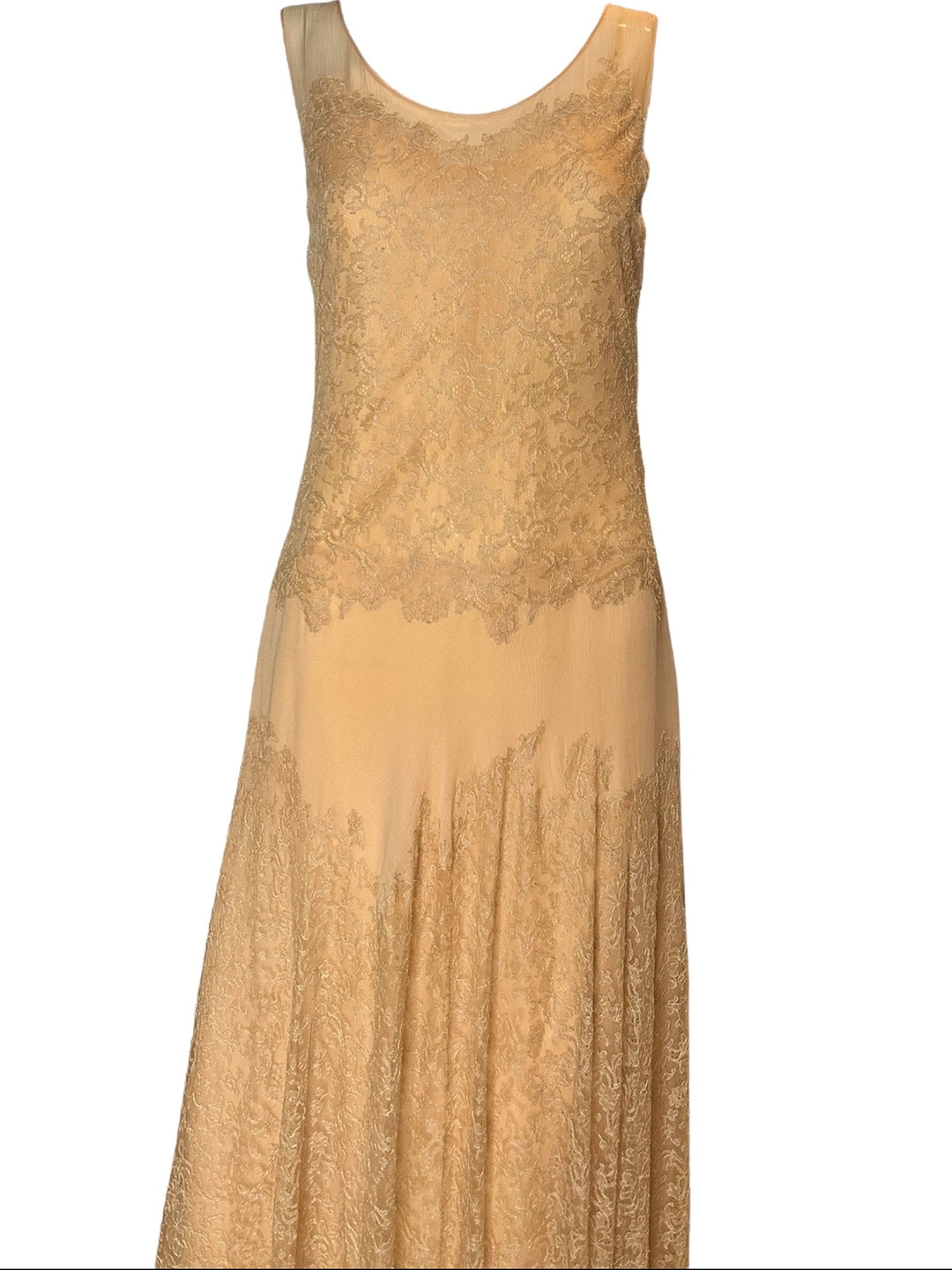 Vintage 1930s Peach Lace Silk Chiffon Drop Waist Gown