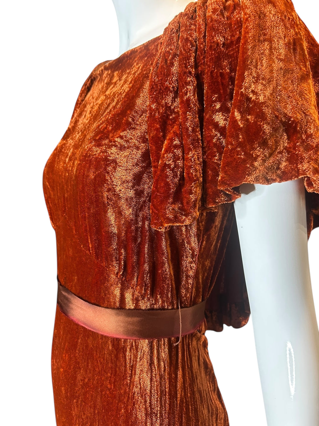 Vintage 1930s Grecian Inspired Crushed Velvet Evening Gown in Burnt Orange, Dresses, 1930s, RERACKED
