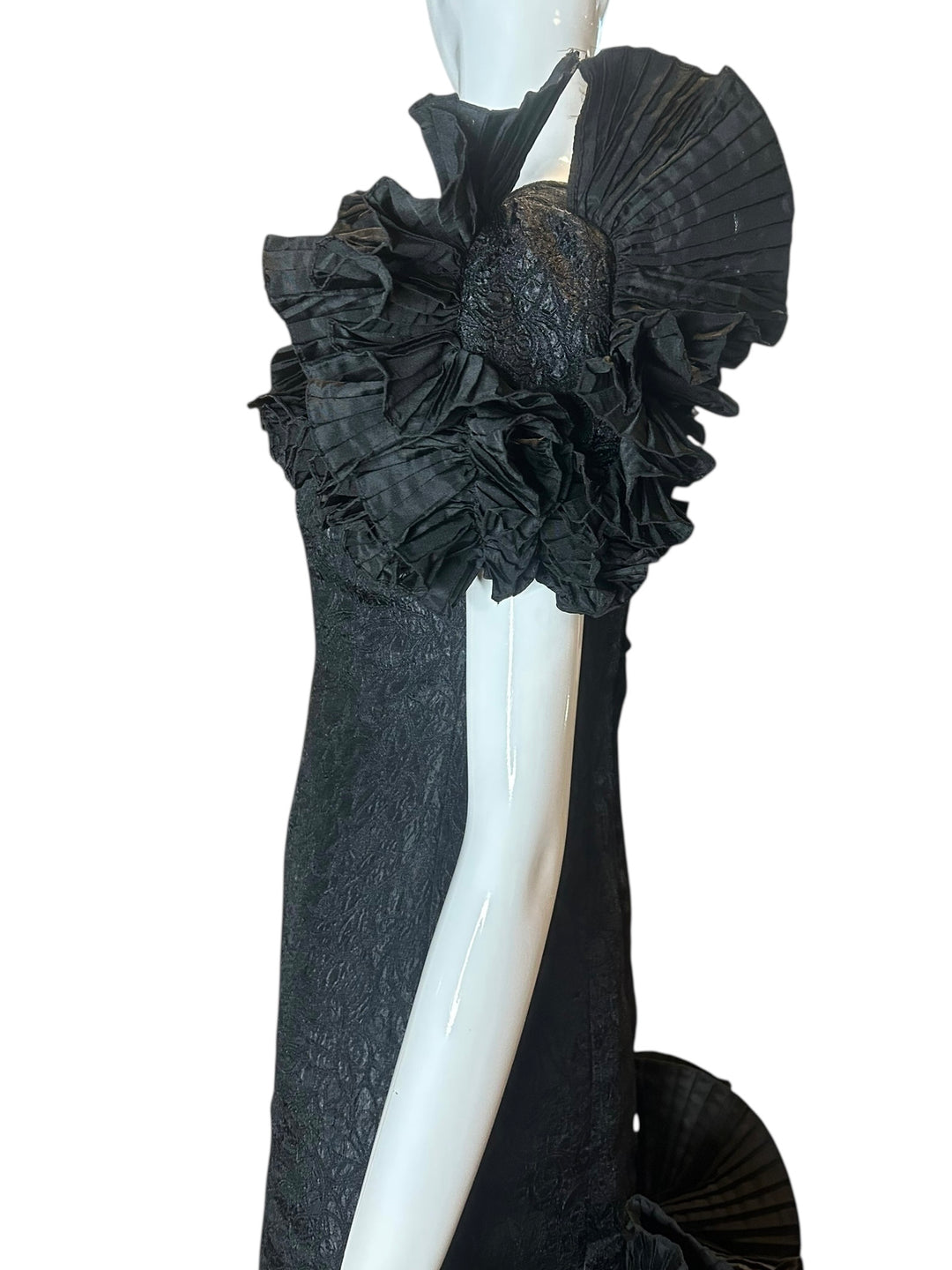 Victor Costa Structural Black Brocade Gown with Origami Pleating