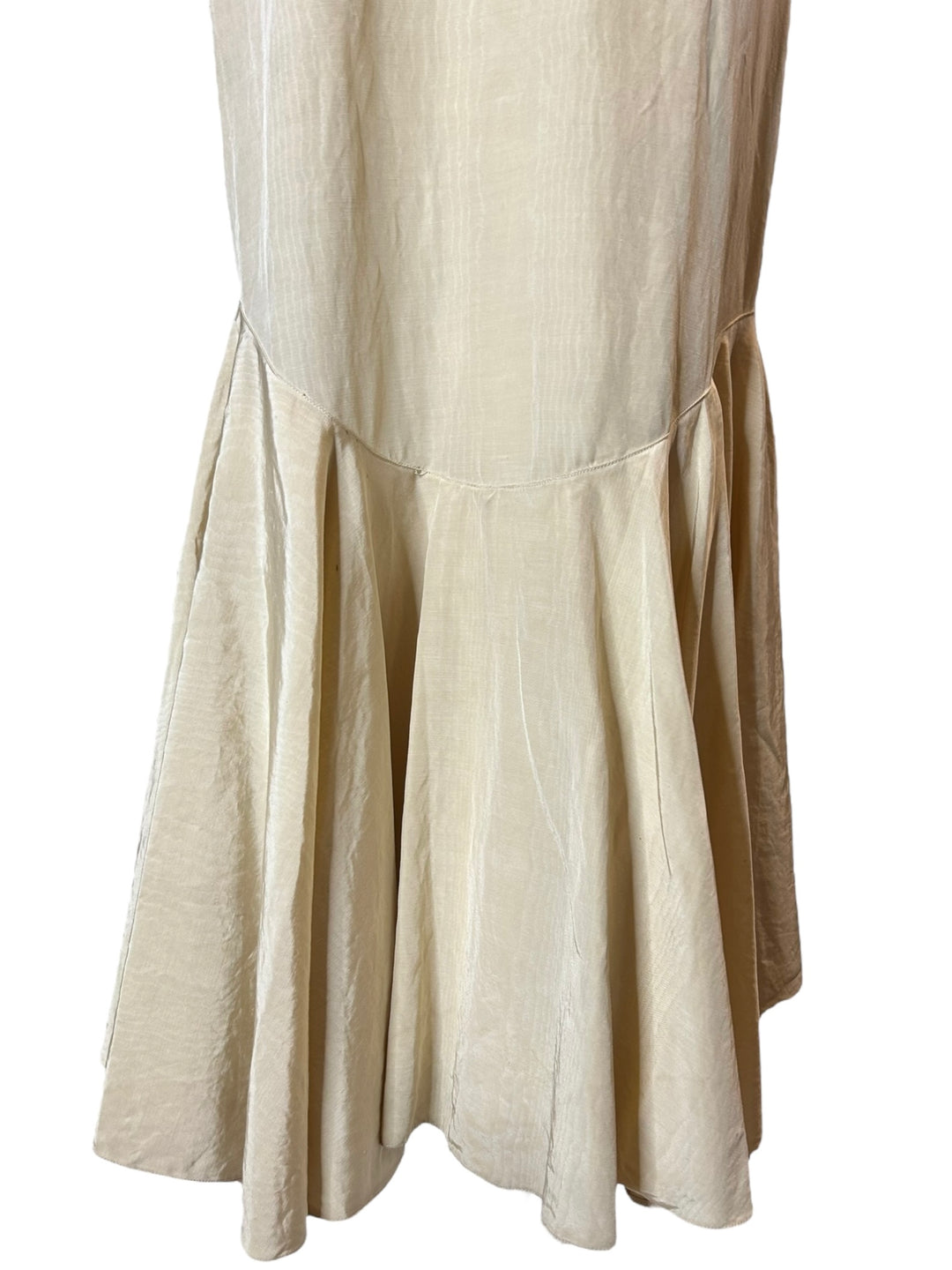 1930s Cream Woodgrain Rayon Gown with Red Pleated Neckline