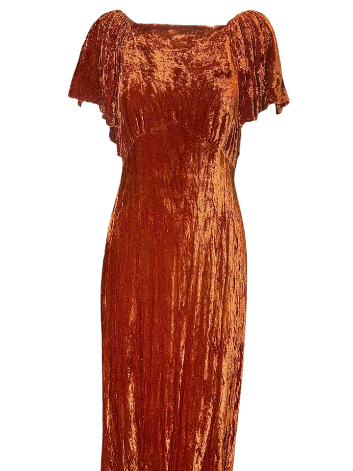 Vintage 1930s Grecian Inspired Crushed Velvet Evening Gown in Burnt Orange, Dresses, 1930s, RERACKED
