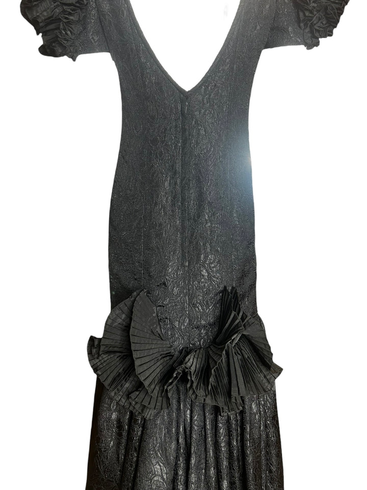 Victor Costa Structural Black Brocade Gown with Origami Pleating